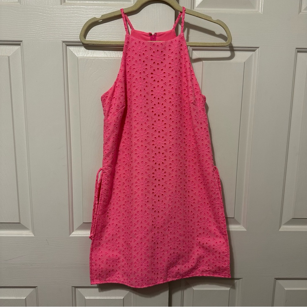 Lilly Pulitzer Pearl Halter Romper Mini Dress Neon Raspberry Pink Eyelet Size 00